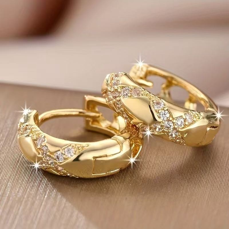 Women 18k Gold Plated CZ Sparkling Round Hollow Hoop Huggie Earring Stud 16mm