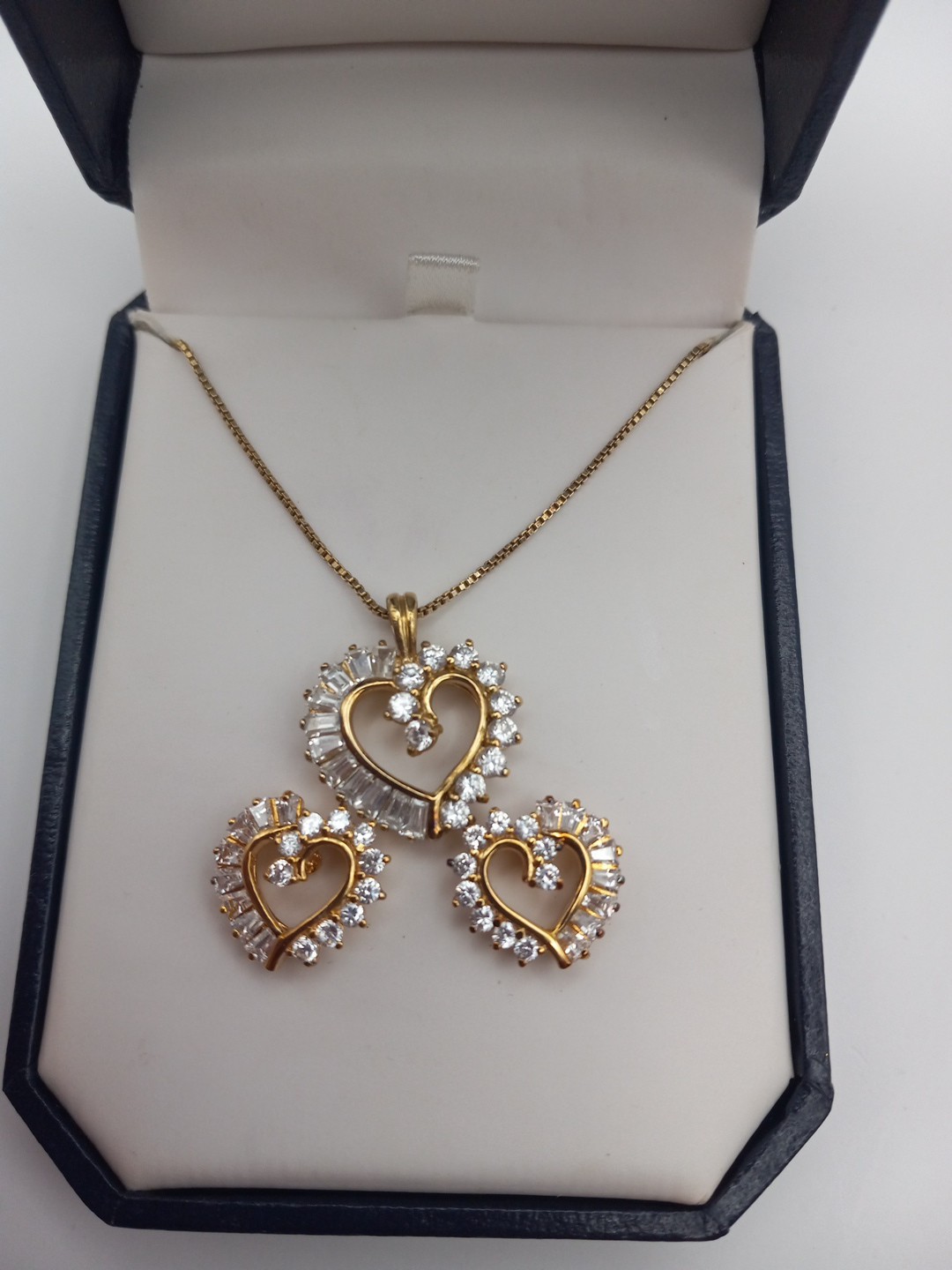 18k/Sterling Silver Heart Necklace And Earrings Set W/ Cubic Zirconias (New)