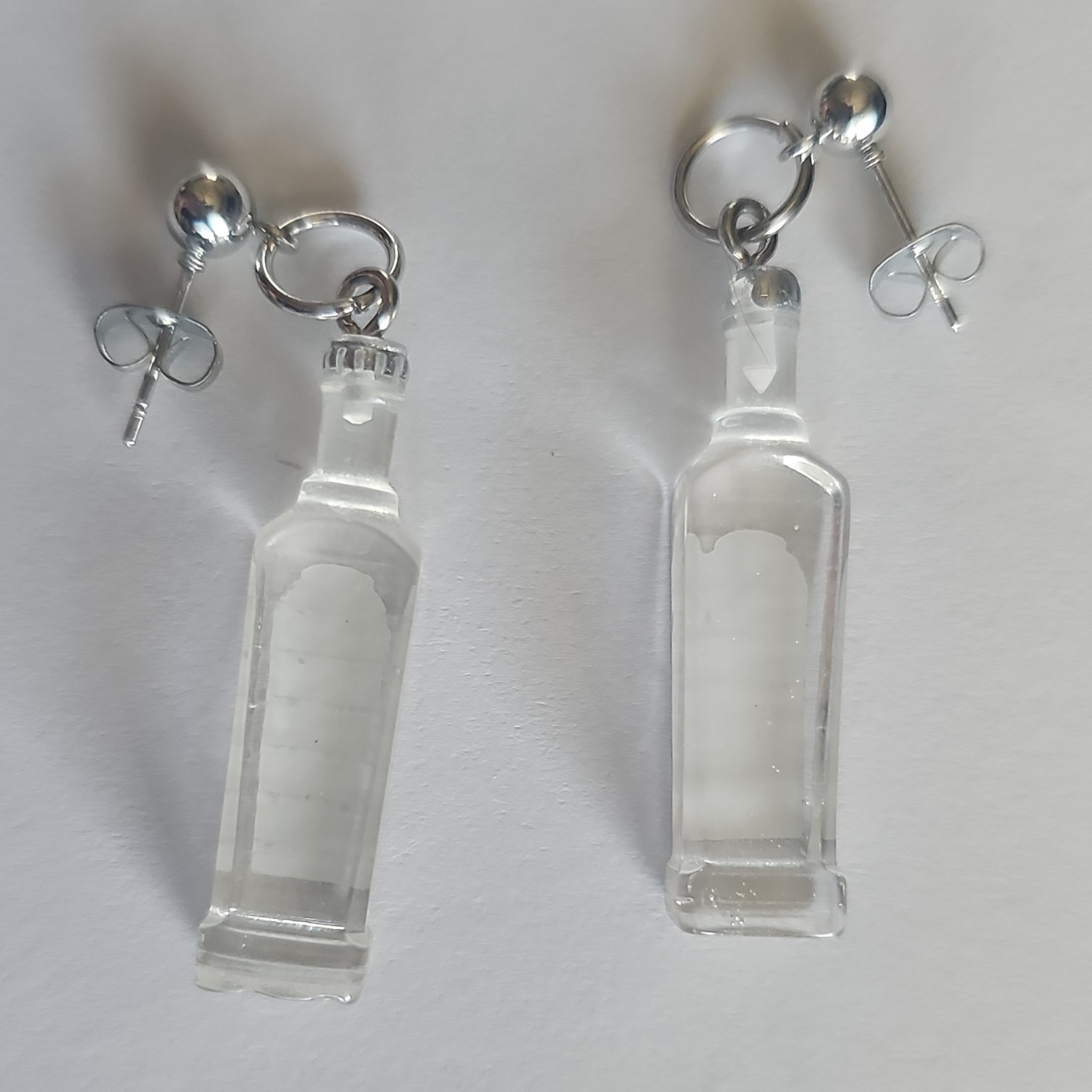 Tequila Bottle Dangle/Drop Earrings Clear Silver Plastic Metal Butterfly Back