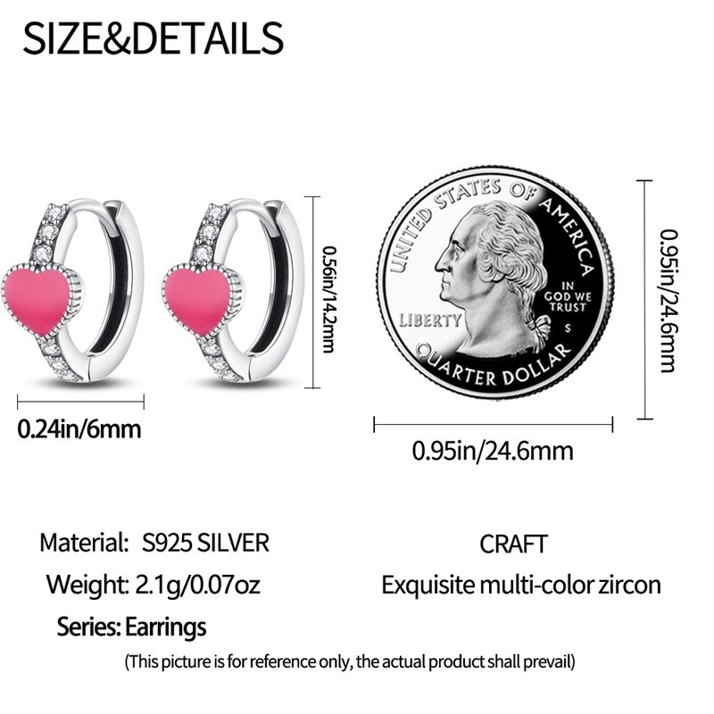 PANDACH 925 Sterling Silver Pink Heart Huggie Hoop Earrings For Women Jewelry