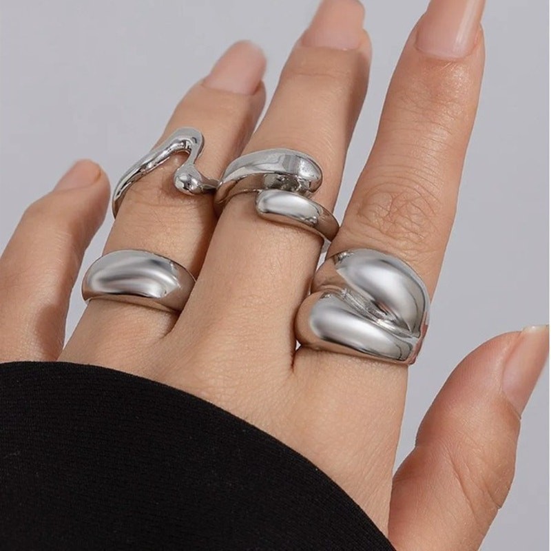 Abstract Boho Ring Set – 4-Piece Silver Adjustable Stackable Rings