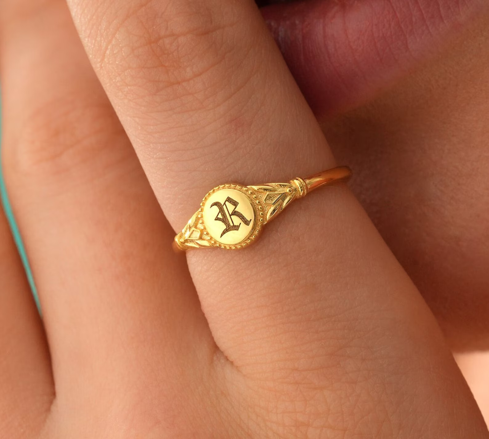 Custom Initial Signet Ring, Dainty Gold Filled Gold Plated 925 Silver Ring