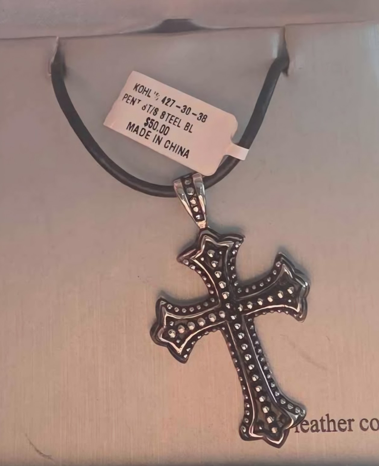 Stainless Steel Cross Pendant Necklace 22in Black Leather Cord