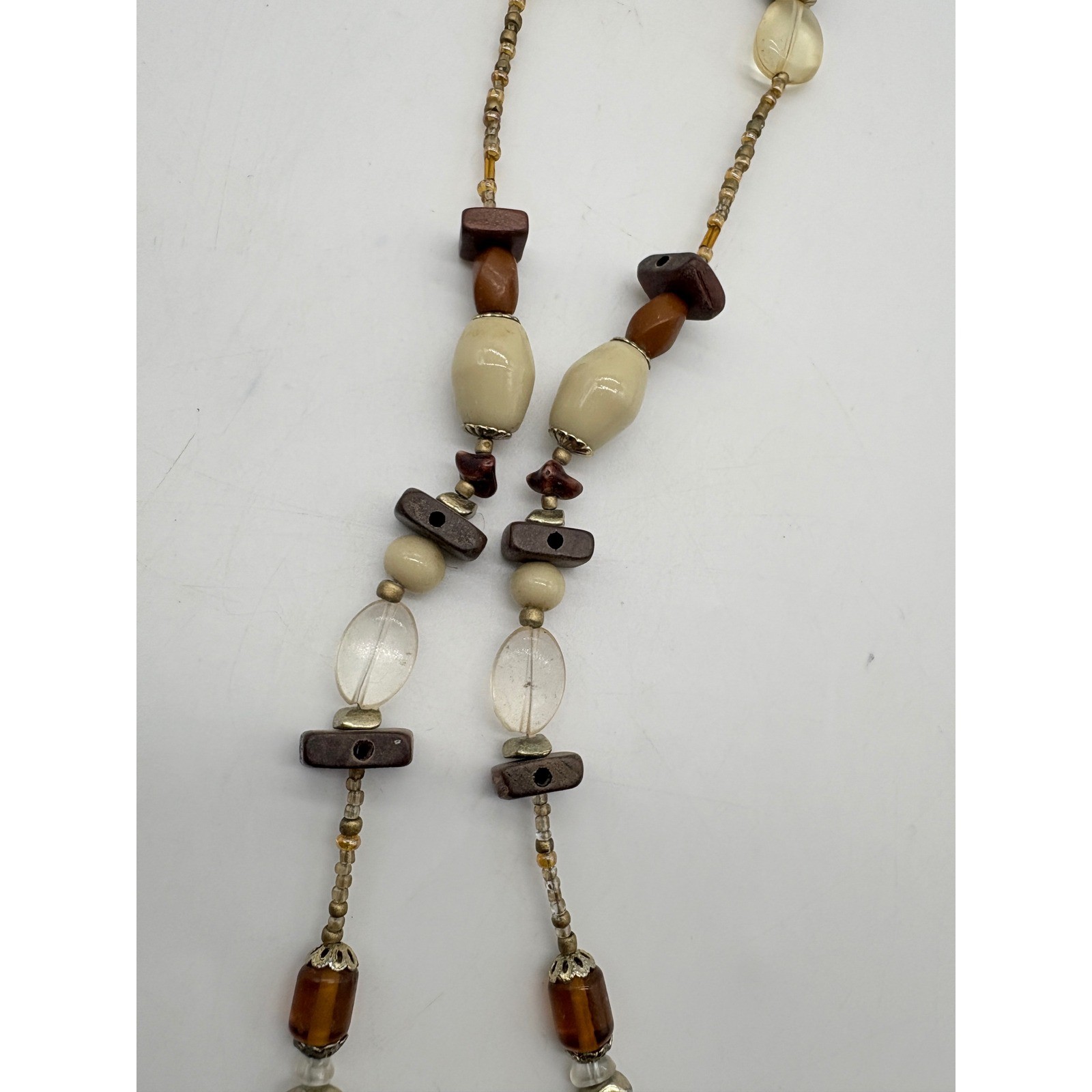 Bohemian Long Beaded Necklace Brown Cream Earthy Tones Mixed Media 36 Inch