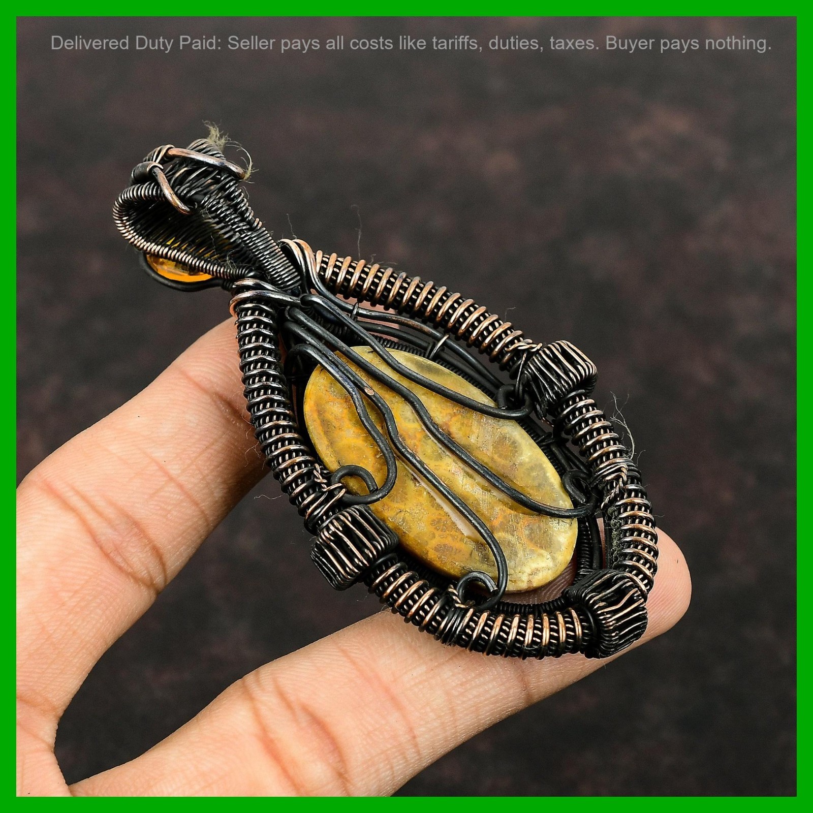 Copper Oval Fossil Coral Stone Citrine Daughter New Wire Wrapped Pendant Jewelry