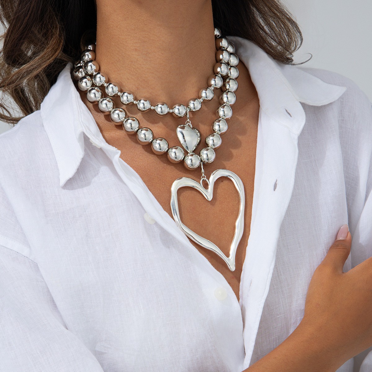 Chunky Silver Bead Necklace Irregular Open Heart Pendant Statement Jewelry 1Pc