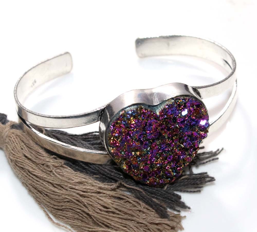 925 Silver Plated Huge Heart Titanium Druzy Bangle FreeSize Gift For Niece GW