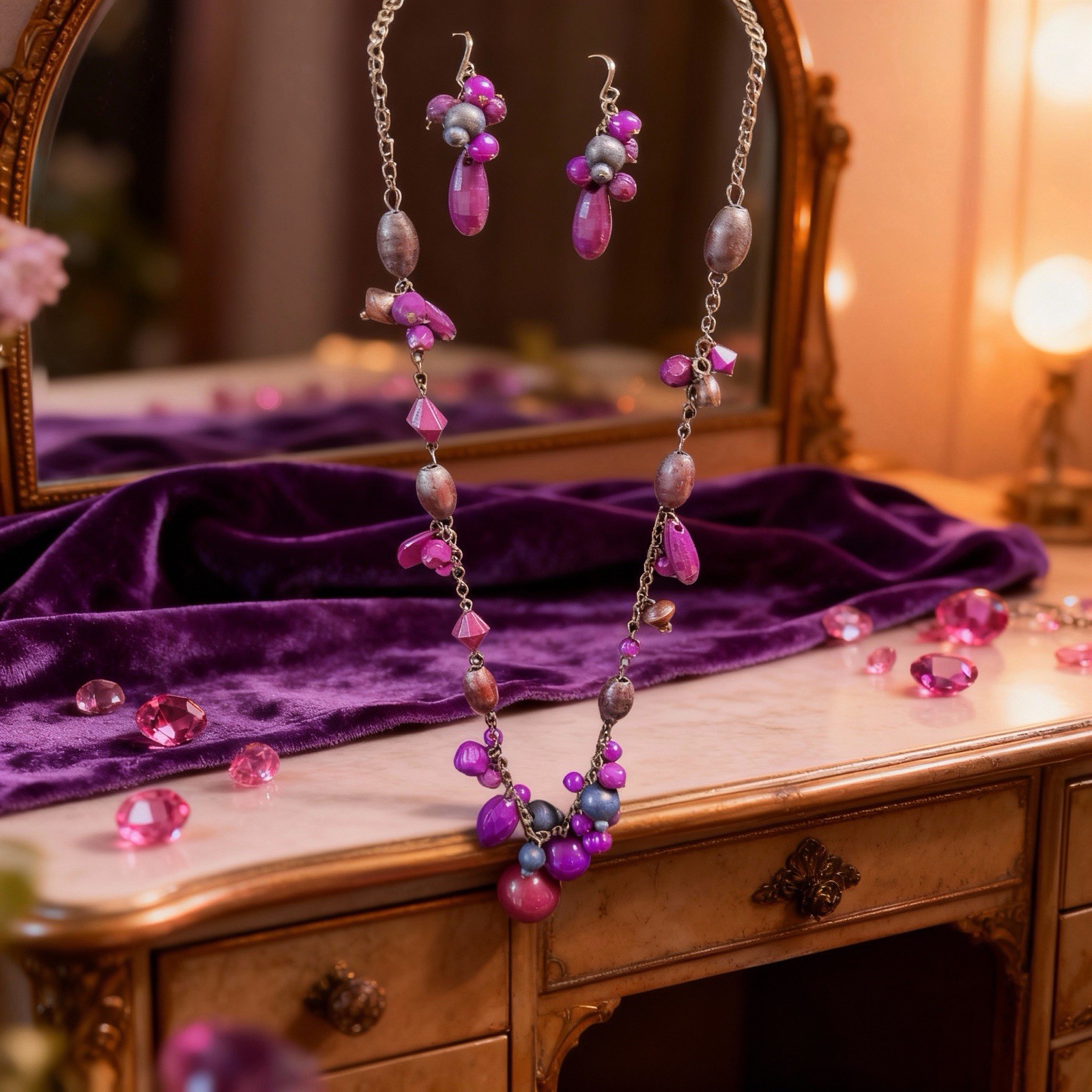 Premier Designs Purple Mauve & Blue Necklace and Earrings Set 29 Inches Long