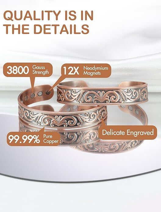 Pulsera de Cobre Puro Feraco, Magnética 3500 Gauss, Ajustable