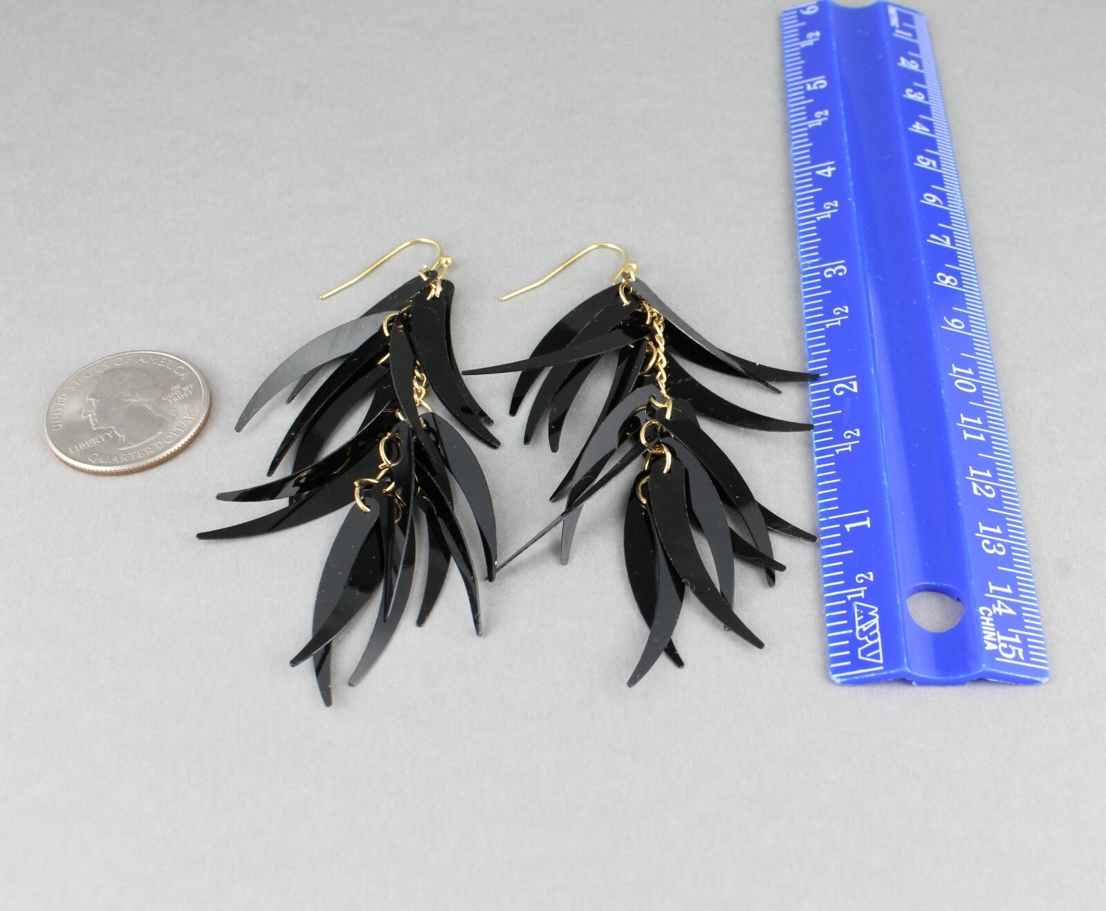Black feathered earrings dangle 3.5″ long lightweight tassel fringe