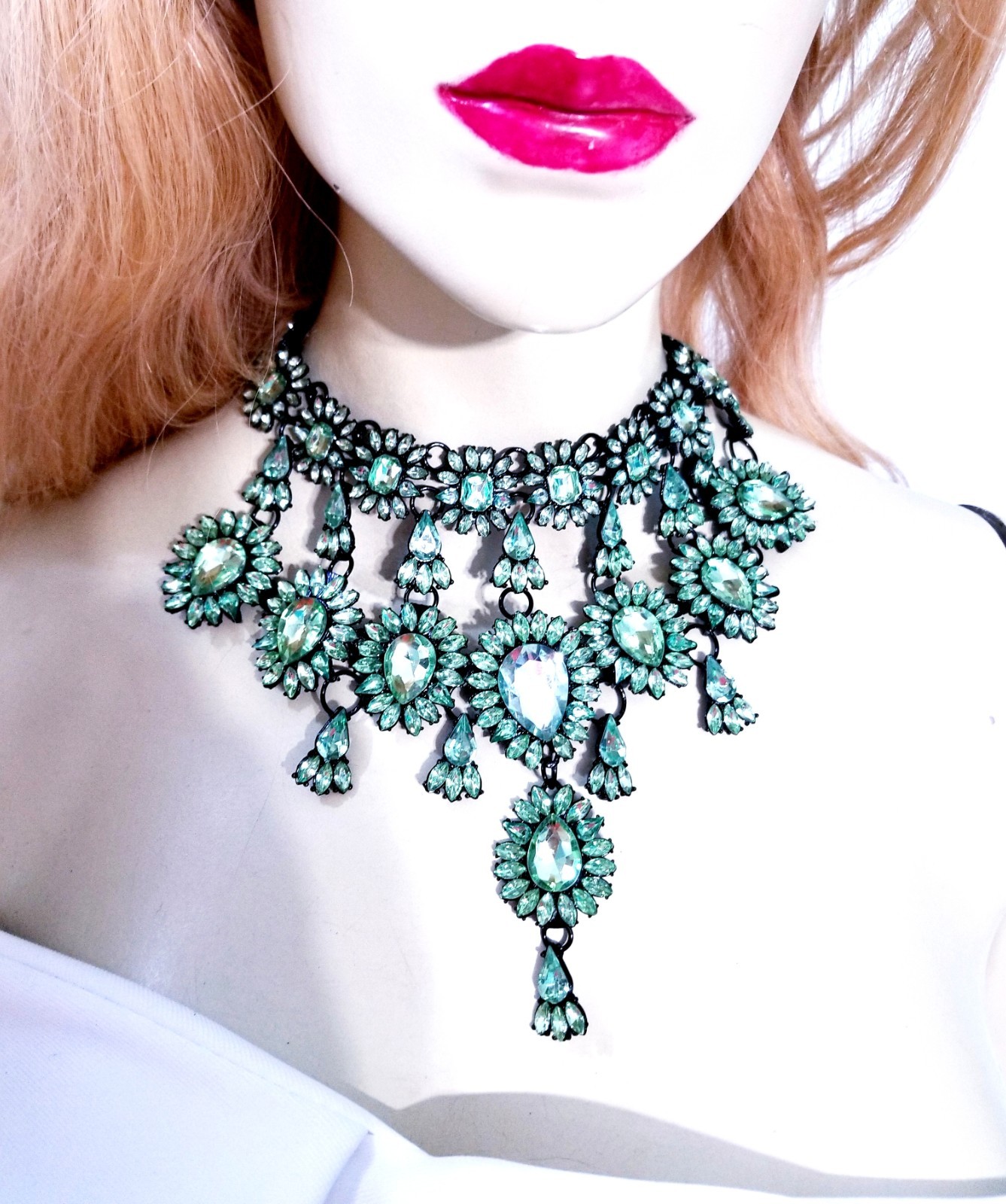 Green Statement Choker Rhinestone Necklace Bridal Prom Pageant Gothic