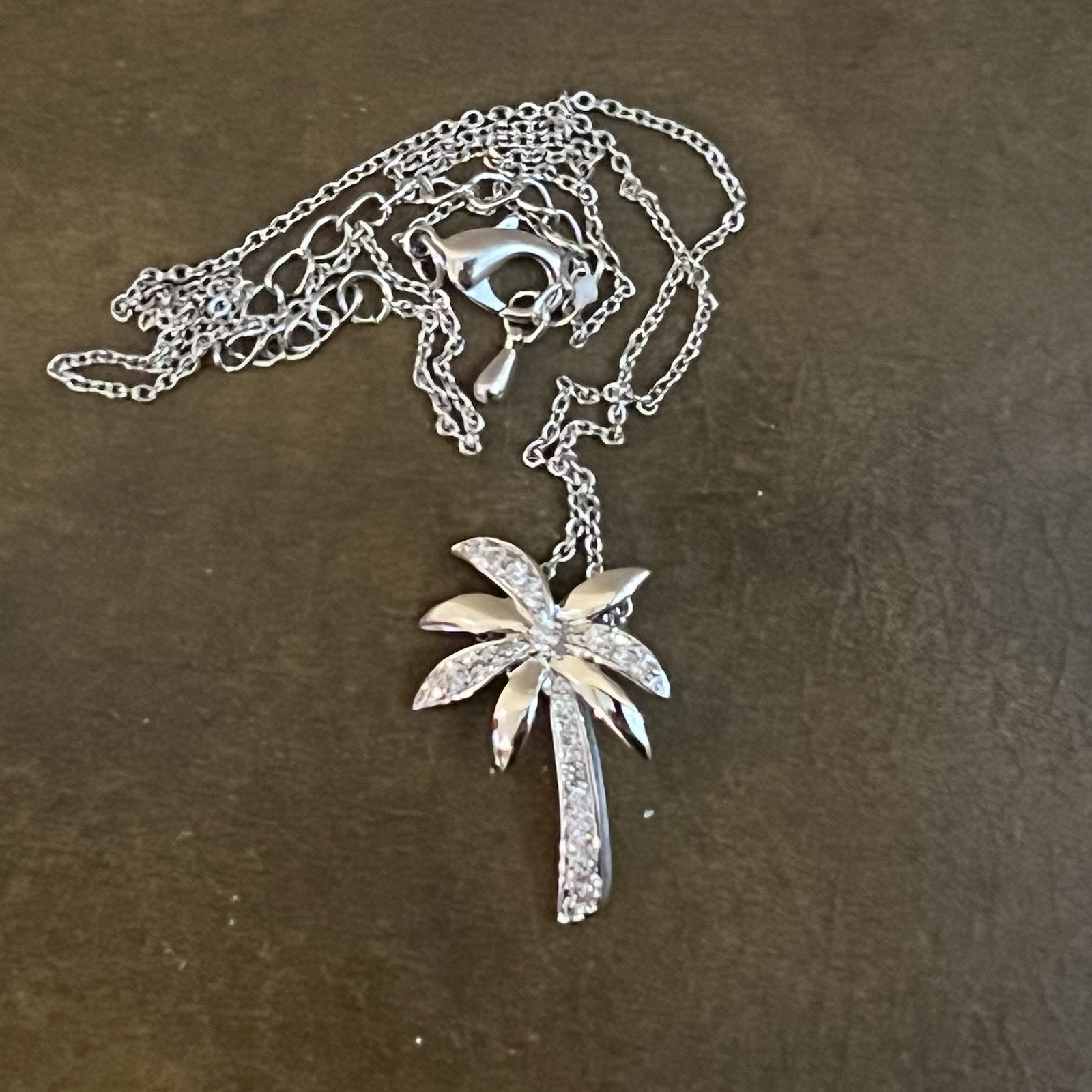 Elegant Silver Tone Palm Tree Pendant Necklace Sparkling CZ