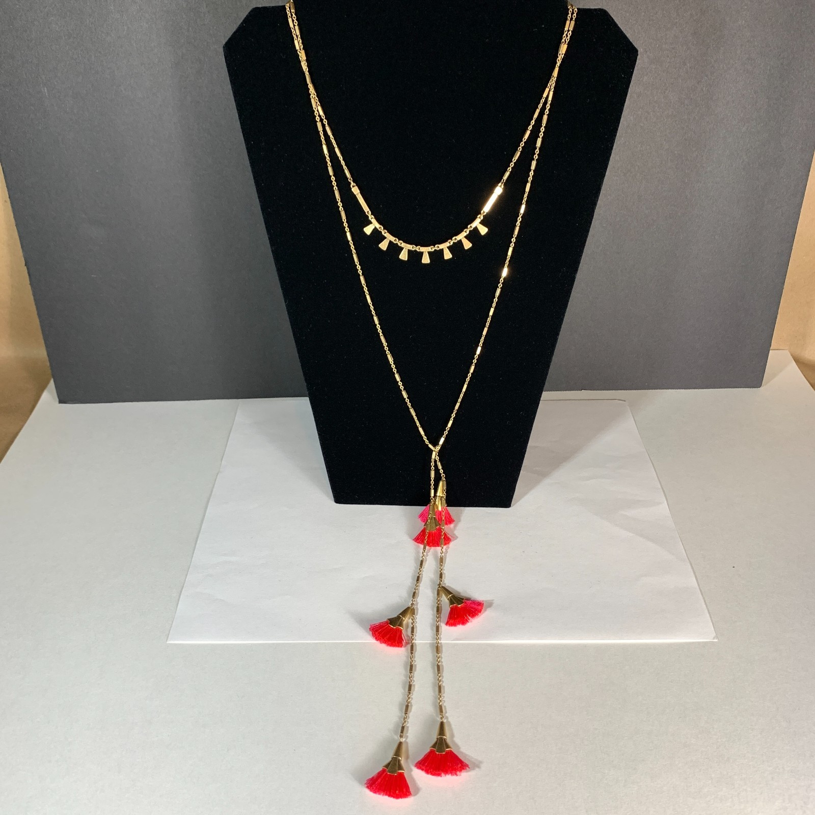 Stella & Dot Eden Goldtone Hot Pink Lariat Tassel Necklace 3 in 1 Convertible