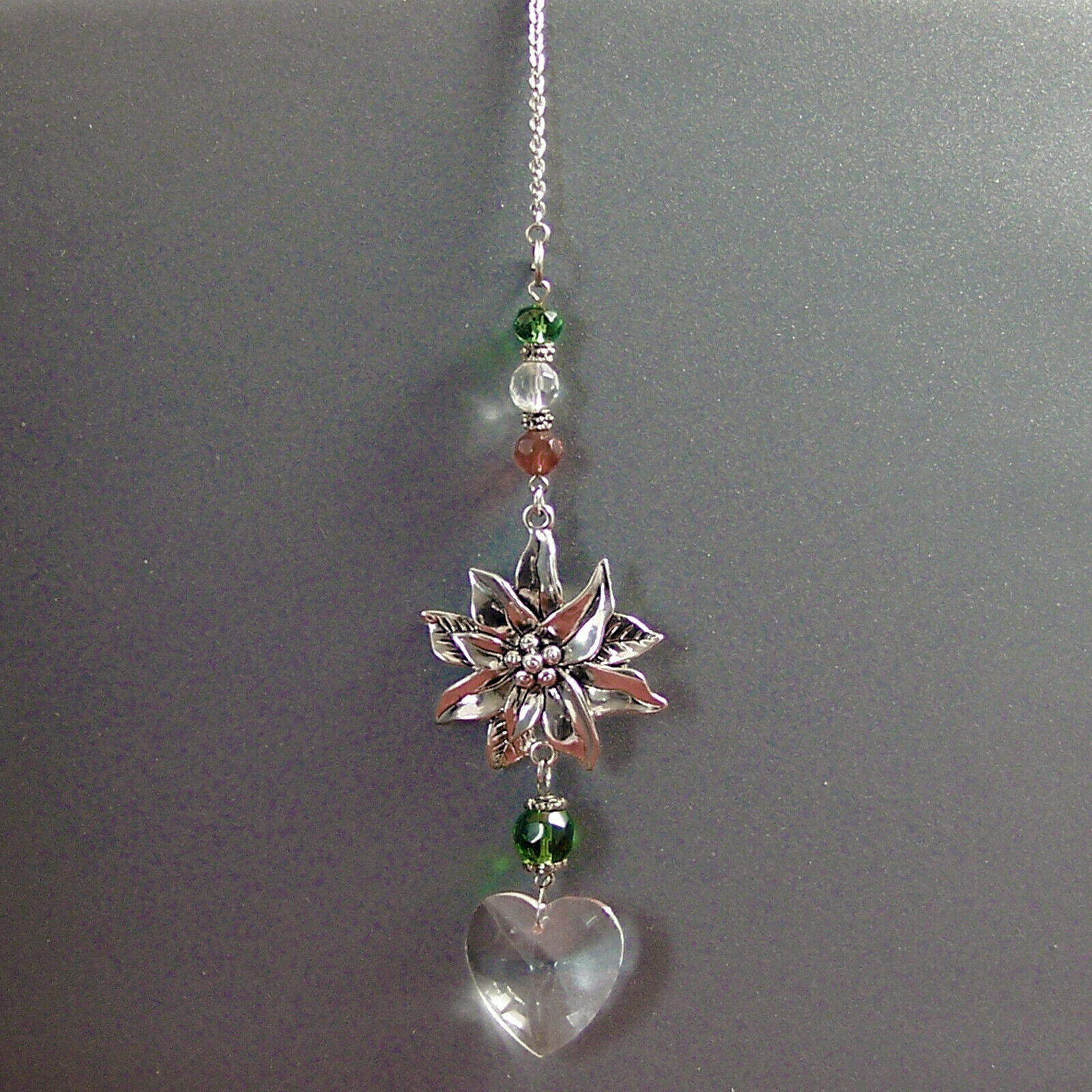 Unique Poinsettia Flower & Heart Pendant Chain Glass Beads 9.5″Inches Long
