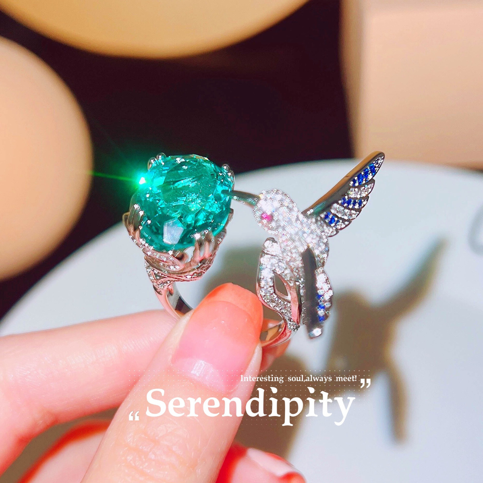 New Hummingbird Oval Paraiba Green Citrine Gemstone Women Girl Charm Silver Ring