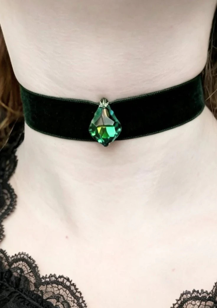Hand Made Bottle Green Velvet Choker Crystal Pendant. Victorian Gothic Gift