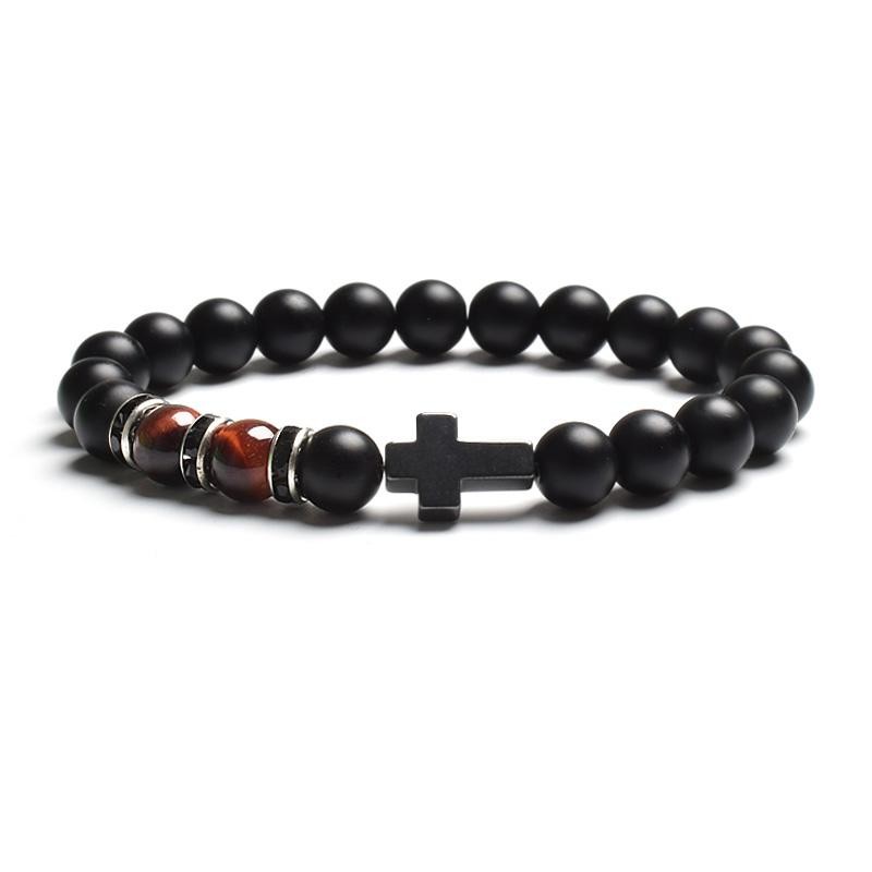 Tiger Eye & Black Agate Beaded Bracelet Men Women Elastic Cross Faith Jewelry