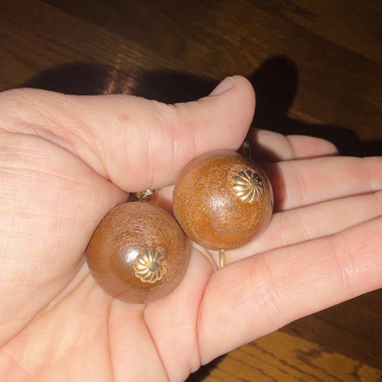 Vintage Brown Wood Bead Round Gold Tone Clip-On Dangle Drop Earrings 60s costume
