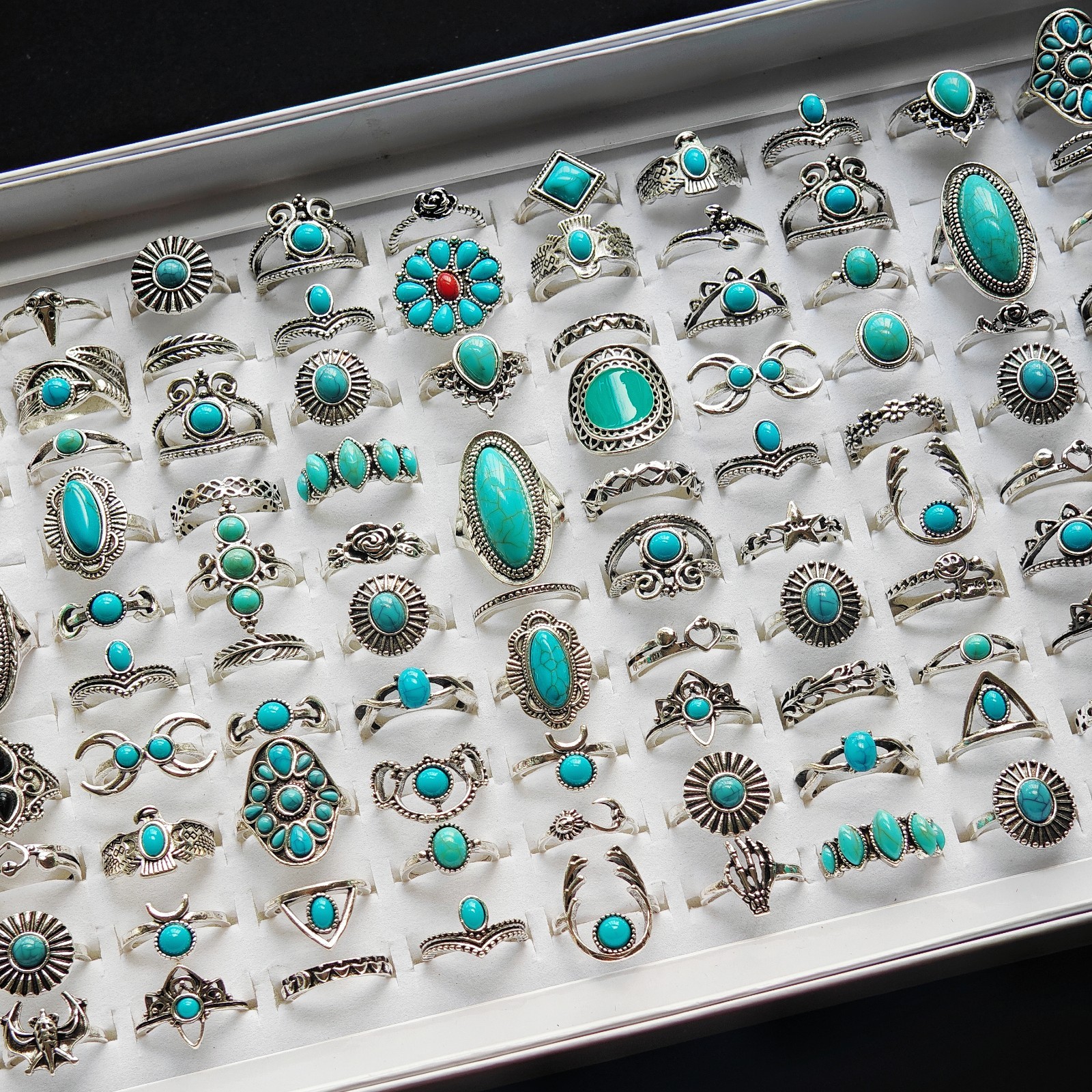 Wholesale 50/100pcs Mixed Vintage Turquoise Rings Antique Silver Boho Beach Gift