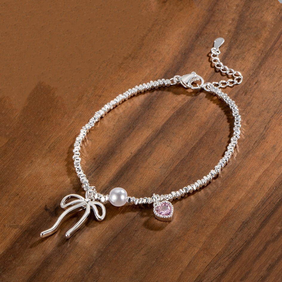 Silvery Wavy Beads Bracelet Bow Charm Pink Zircon Heart Dainty Pearl Cuff Bangle