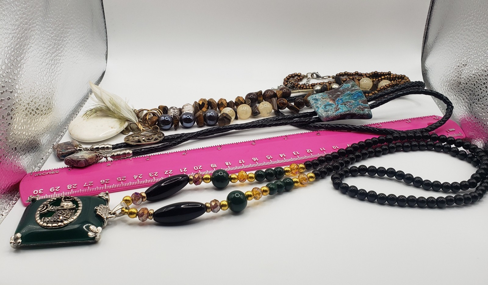Lot of 3 Artisan Boho Statement Necklaces Elephant Dragonfly Bolo Tie Beaded