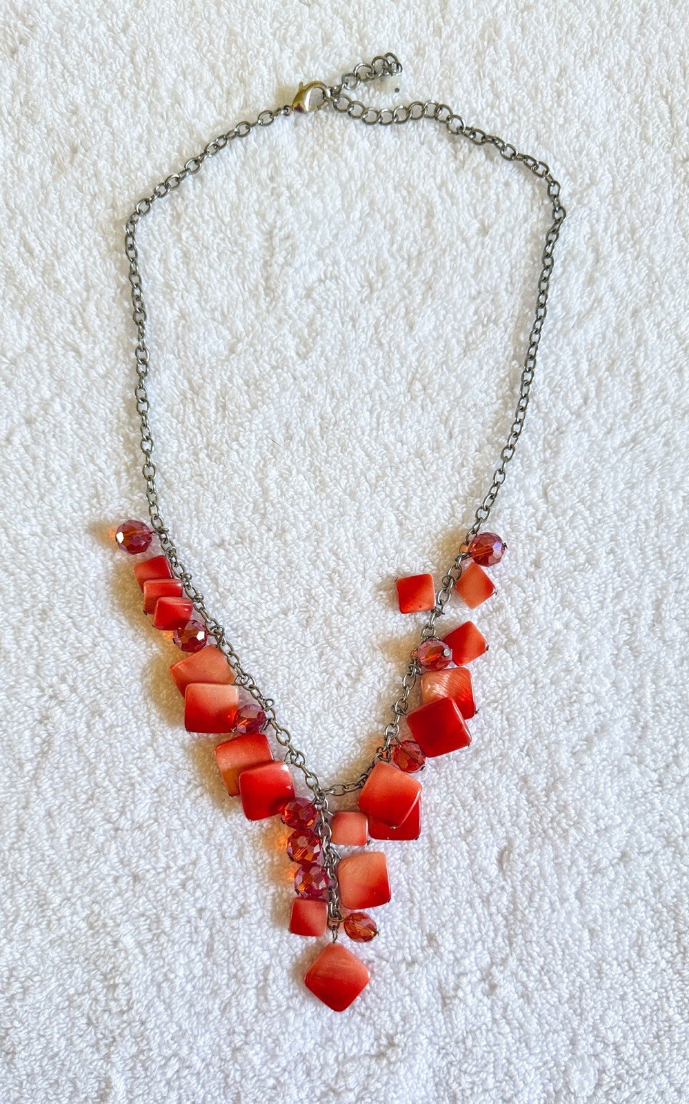 Red Y Drop Necklace Square Red Lucite Beads Silver Toned Chain Croft n Barrow