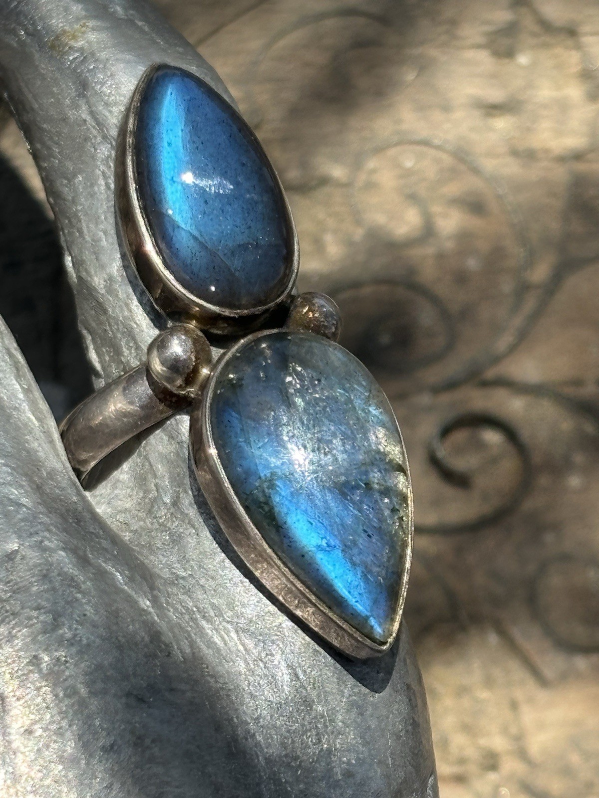 Double pear shaped labradorite gemstone silver ring size 7