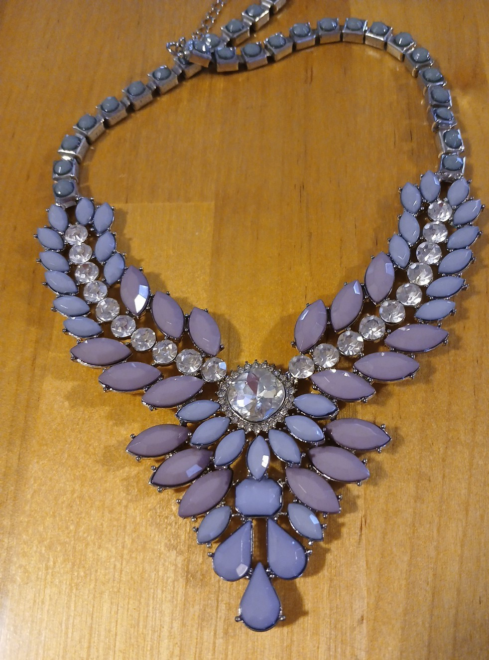 Vintage Lavender Mauve Rhinestone Bib Necklace Chevron V Statement Clear Stones