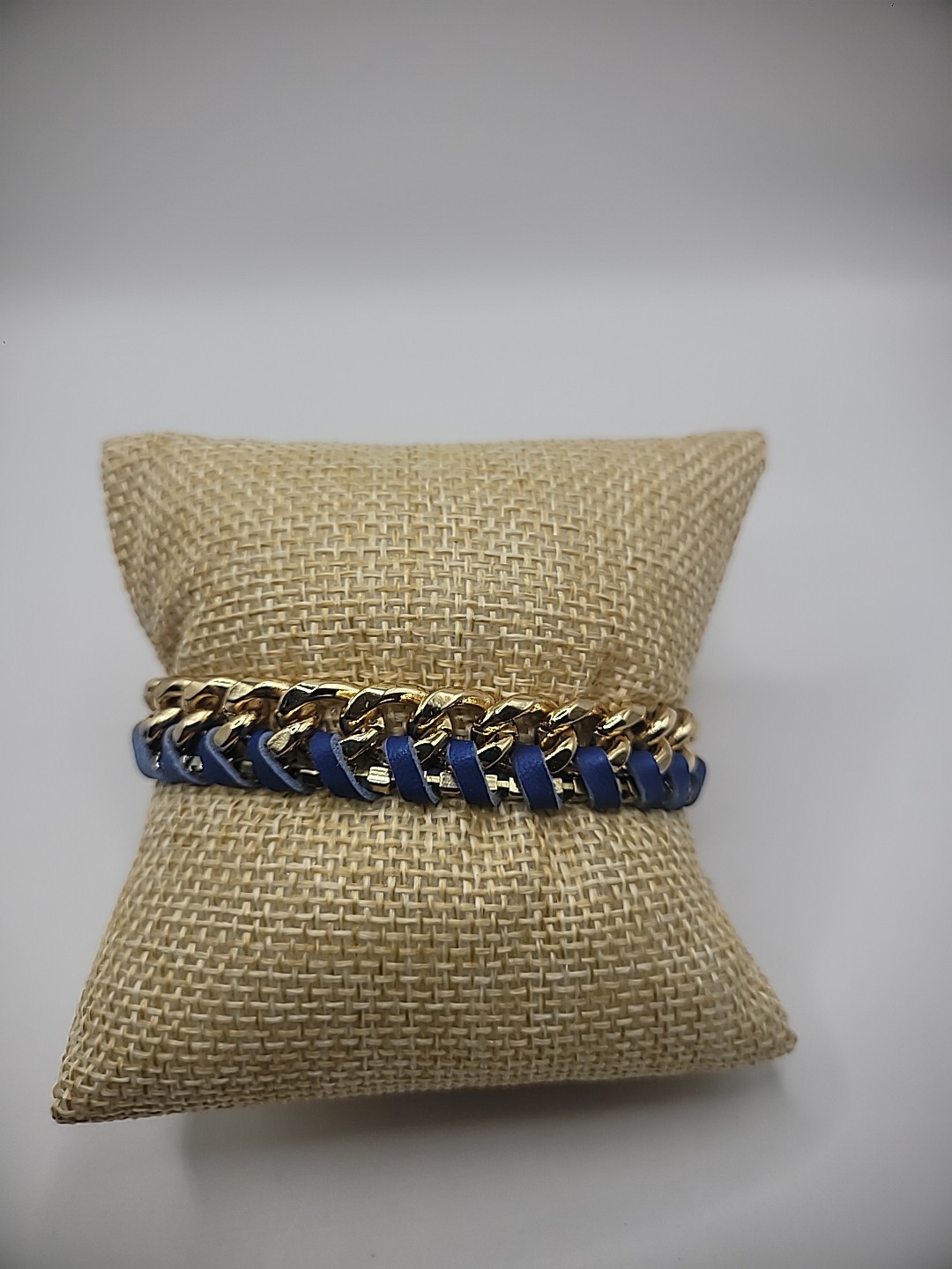 Vintage Ettika Bracelet Gold Tone Chain Leather Braided Blue Purple Jewelry