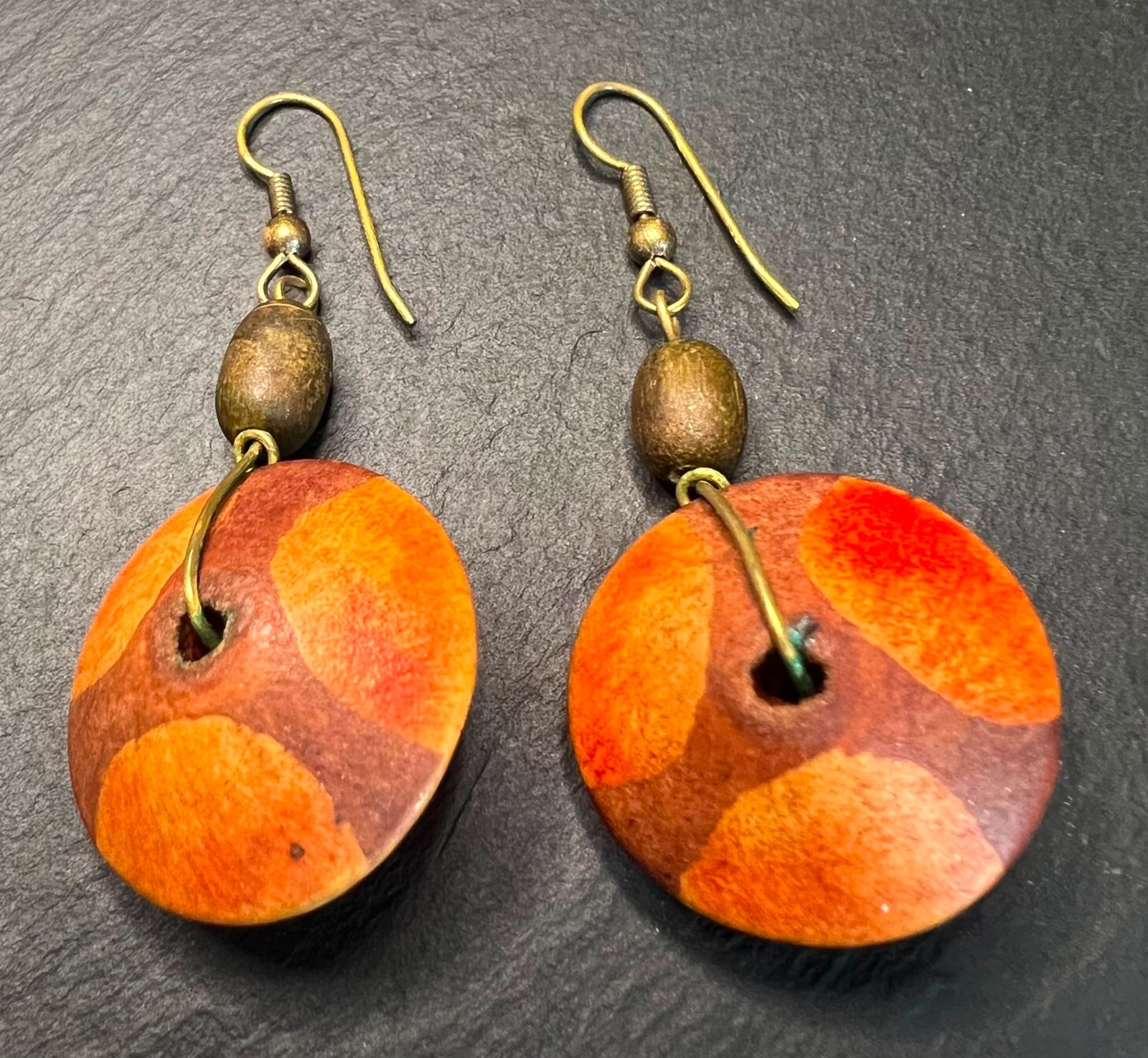 Vintage Avalaya Wooden Coin Dangle Earrings Orange Brown Boho Statement 5cm Hand