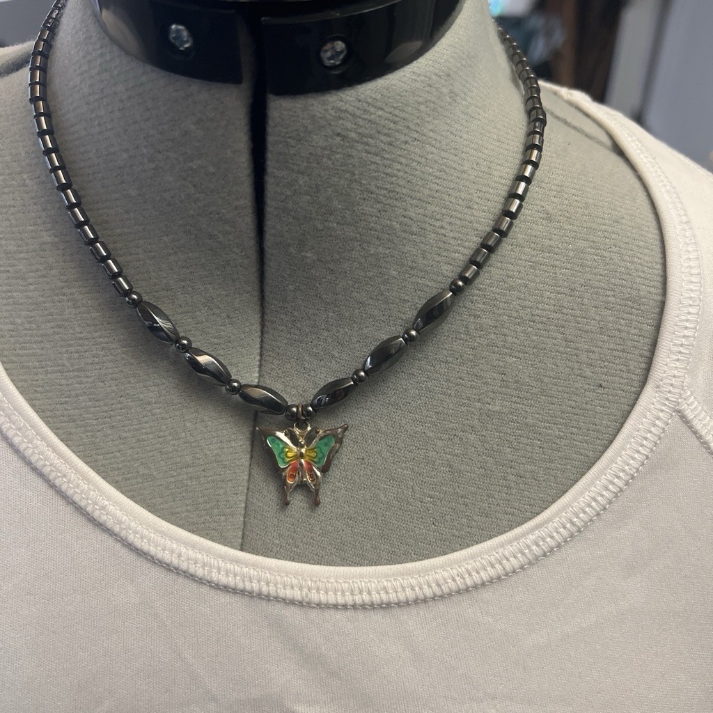 Black Stone Beaded Necklace w/ Multicolor Butterfly Charm Pendant, Magnetic
