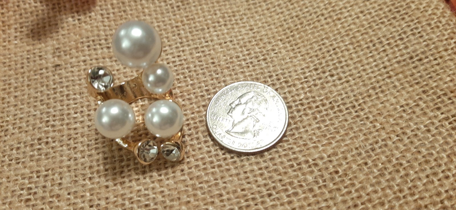 Adjustable Pearl & Rhinestone Statement Ring , Gold Tone New One Size