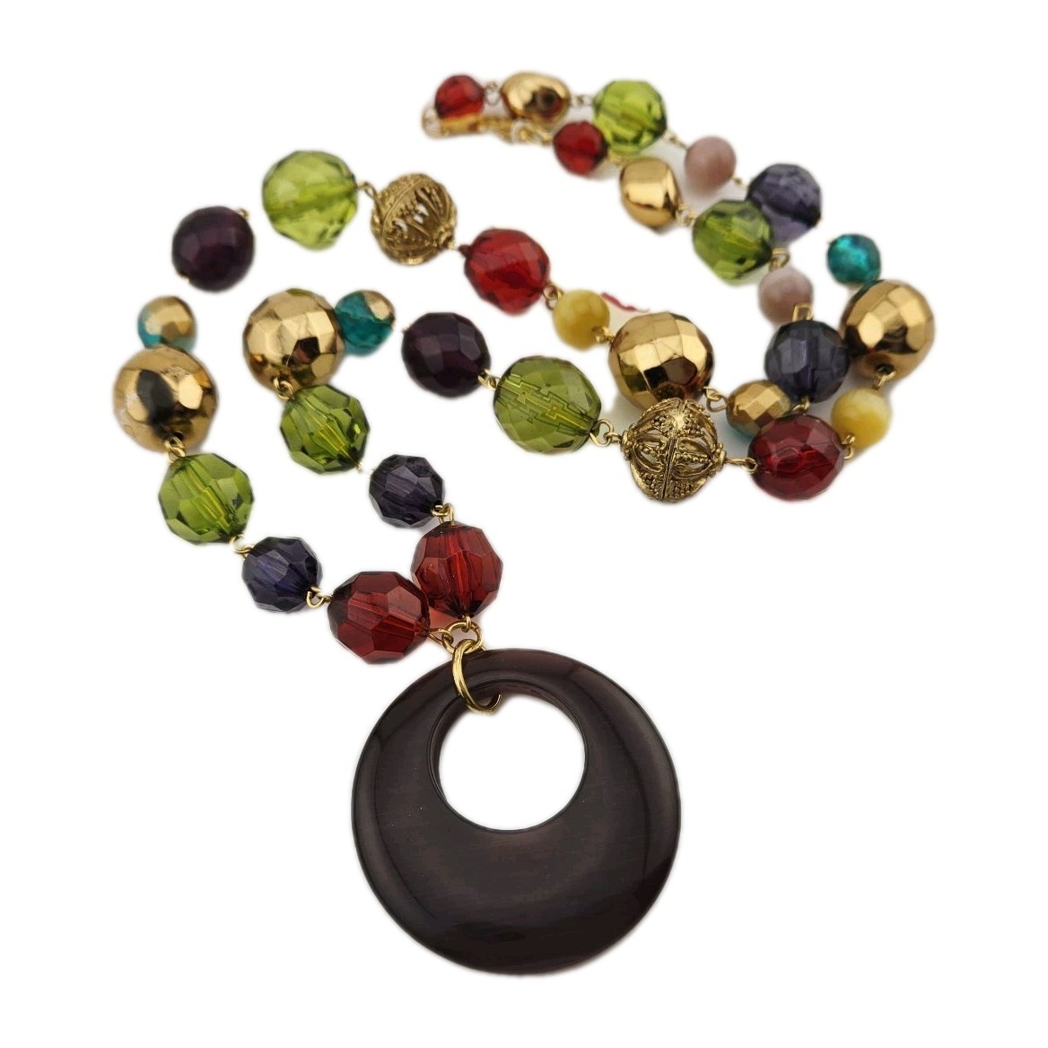 Macy’s Pendant Necklace Multicolored Beaded Gold tone Red Purple Green Blue 25″