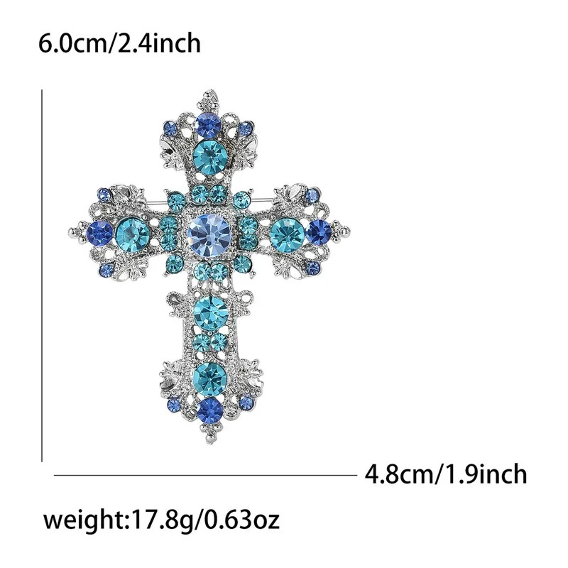 Blue & Clear Crystal Court Rhinestone Cross Brooch – Baroque Style Pin