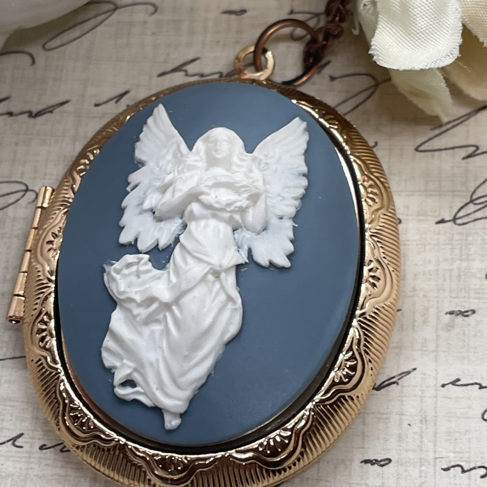 Blue White Angel Wedding Anniversary Birthday Rose Gold gift Bridal Photo Locket