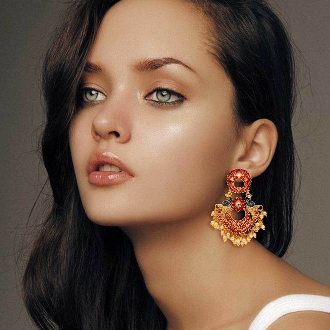Latest Designer Indian Bollywood Meenakari Kundan Pearl Jhumki Earrings Maroon