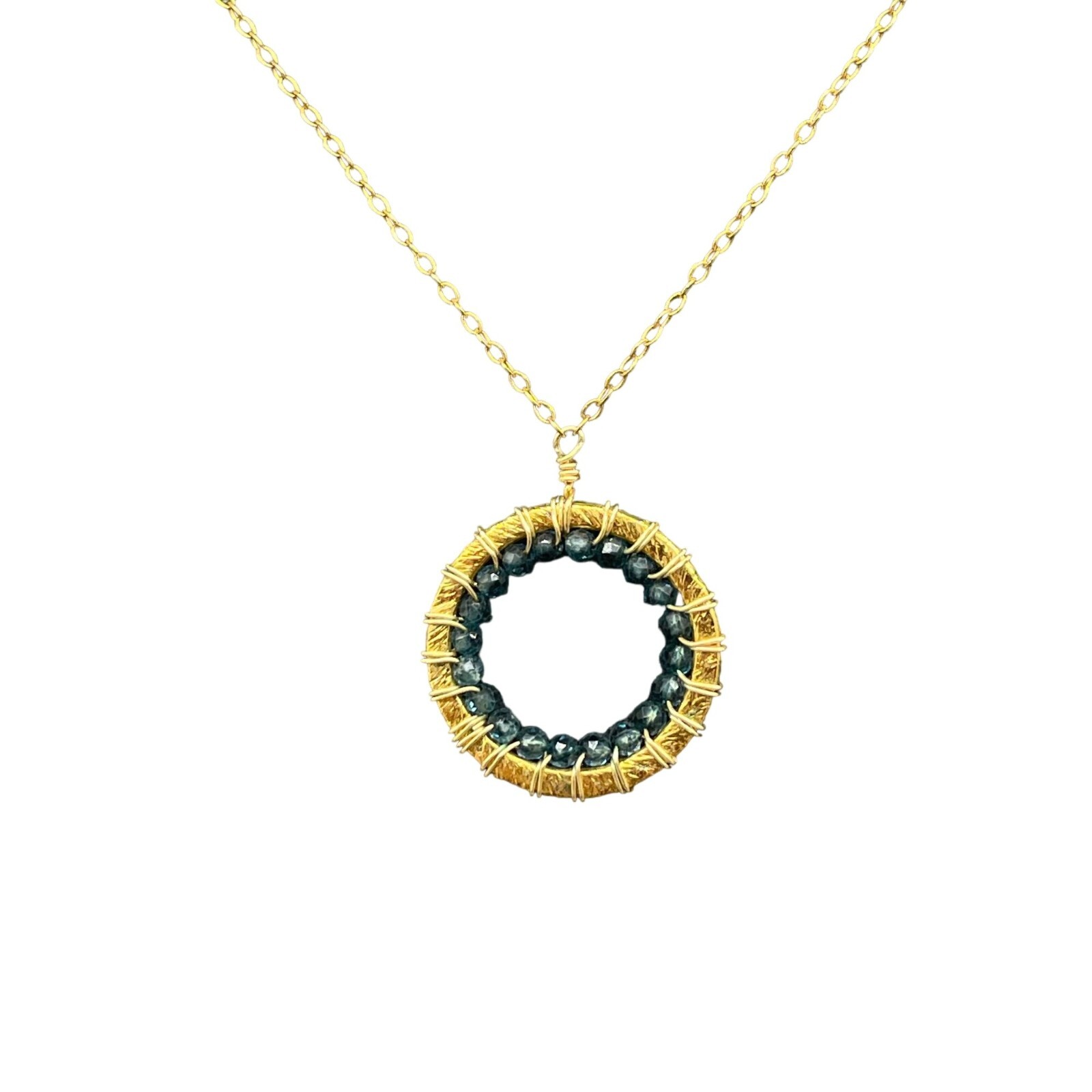 BSI Blue Beaded Circle Pendant Necklace Gold Tone Gift Minimalist Birthday
