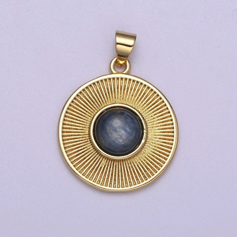 Dainty Blue Tiger Eye Sunburst Charm, Round Coin Geometric Stone Pendant for DIY