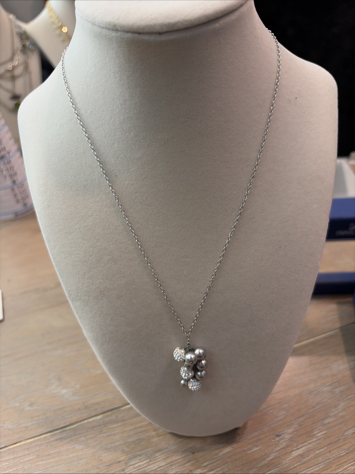 Authentic Swarovski Pave Crystal & Gray Pearl Cluster Pendant Necklace NIB $95