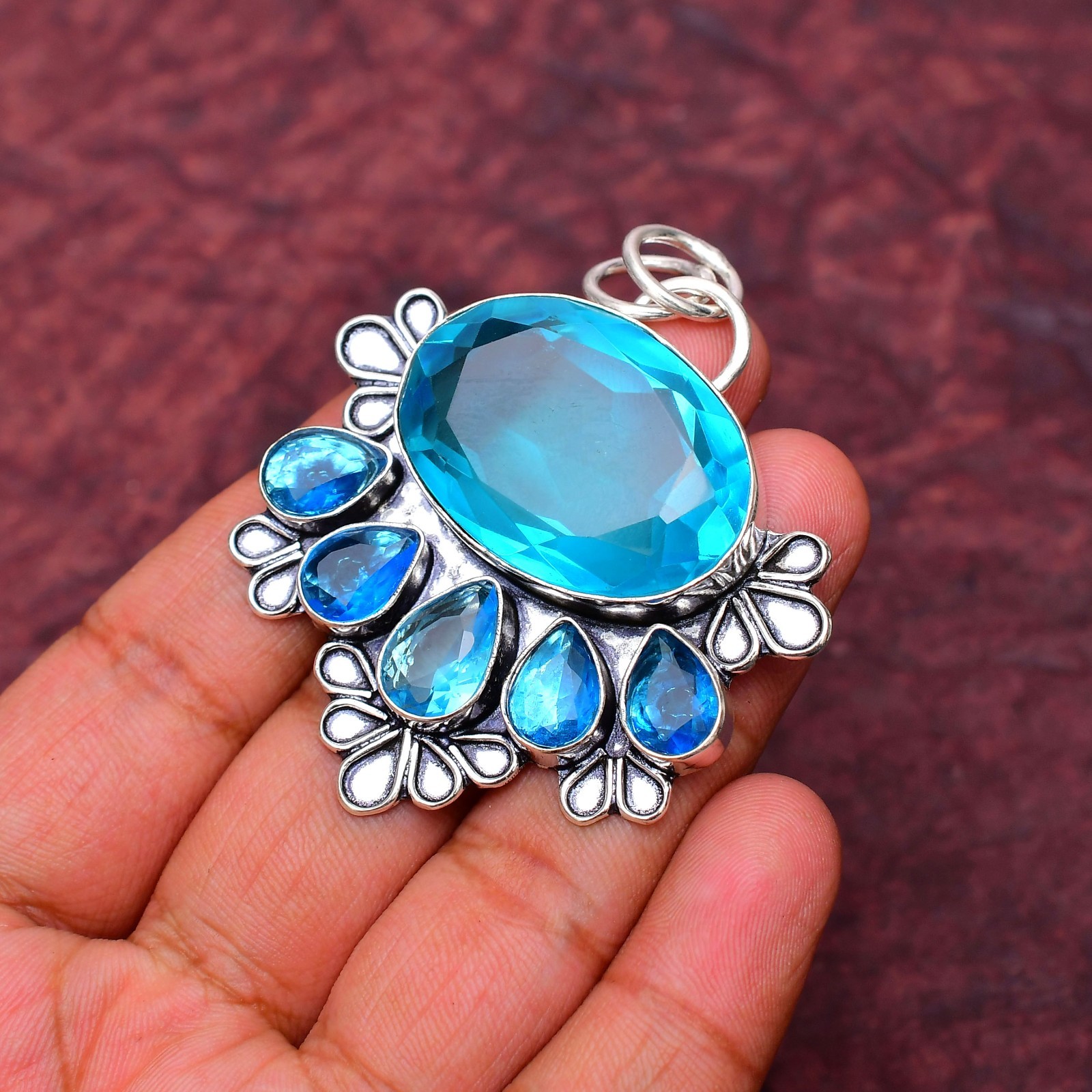 Blue Topaz Gemstone 925 sterling silver Handmade Pendant jewelry 2.16″