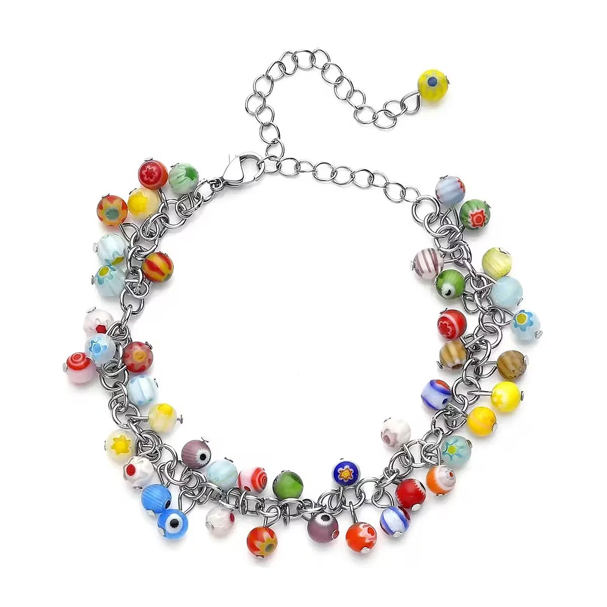 Murano Style Multicolor Glass Beaded Stainless Steel Charm Anklet 9-11in