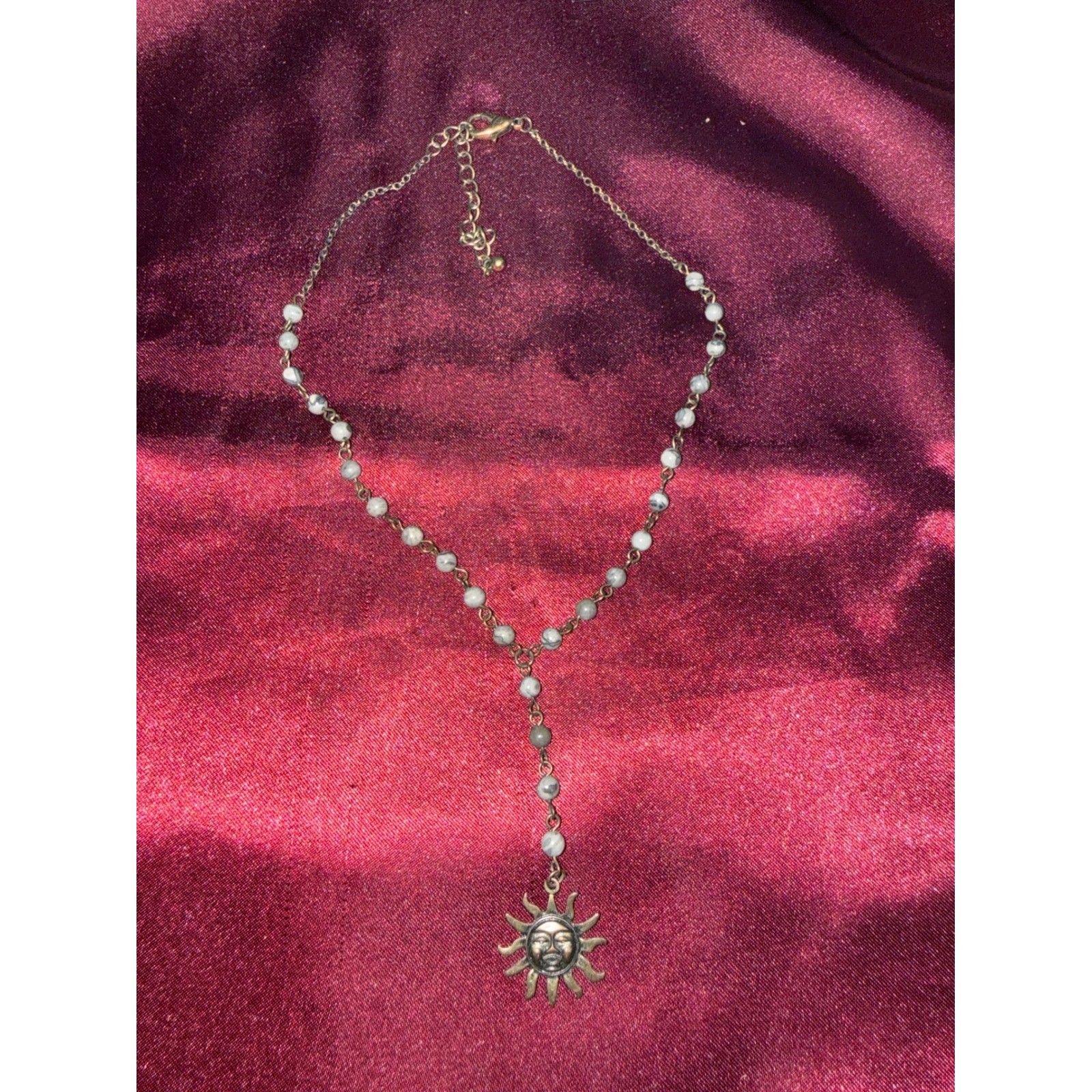 Celestial Sun Face Rosary Necklace Marbled Beads Antique Gold Tone Boho Y-Drop