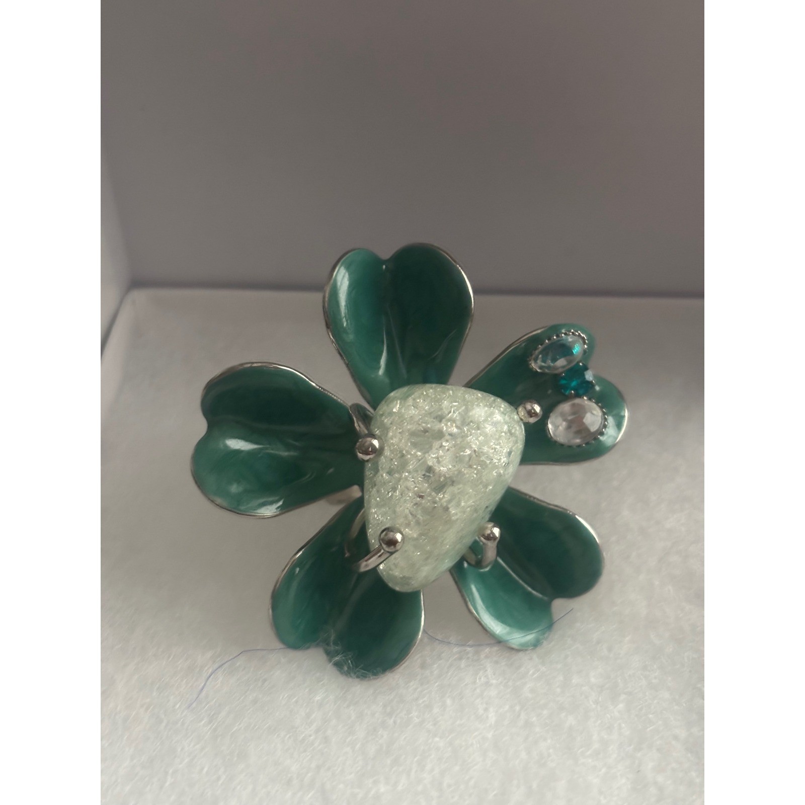 Teal Enamel Flower Statement Ring Adjustable Silver Tone Crackle Glass stone
