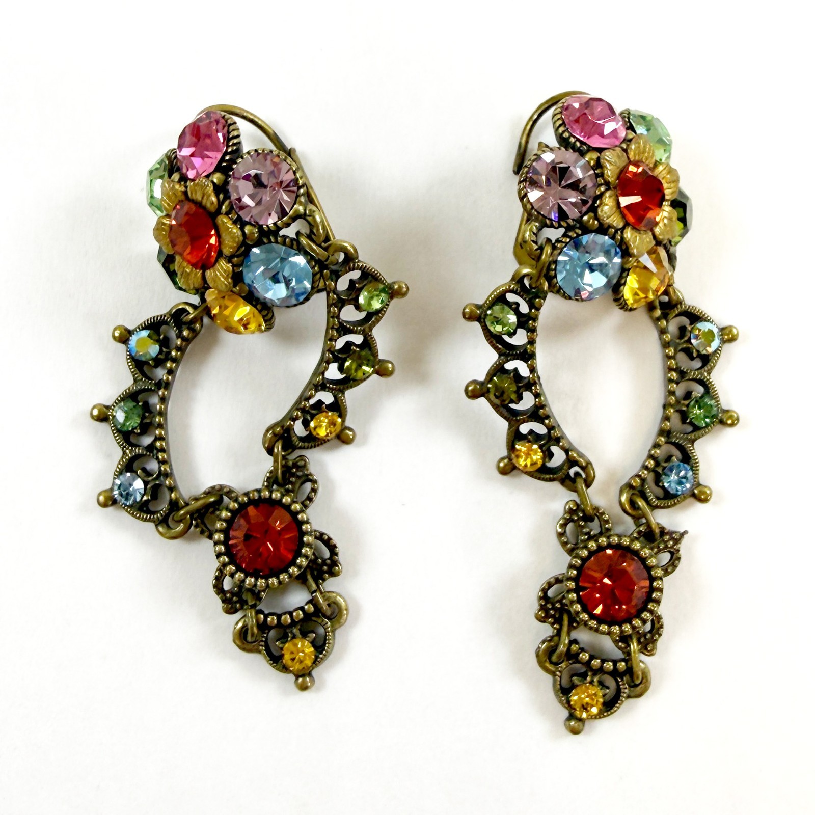 Michal Negrin Red Multicolor Crystal Chandelier Earrings Floral Filigree RARE