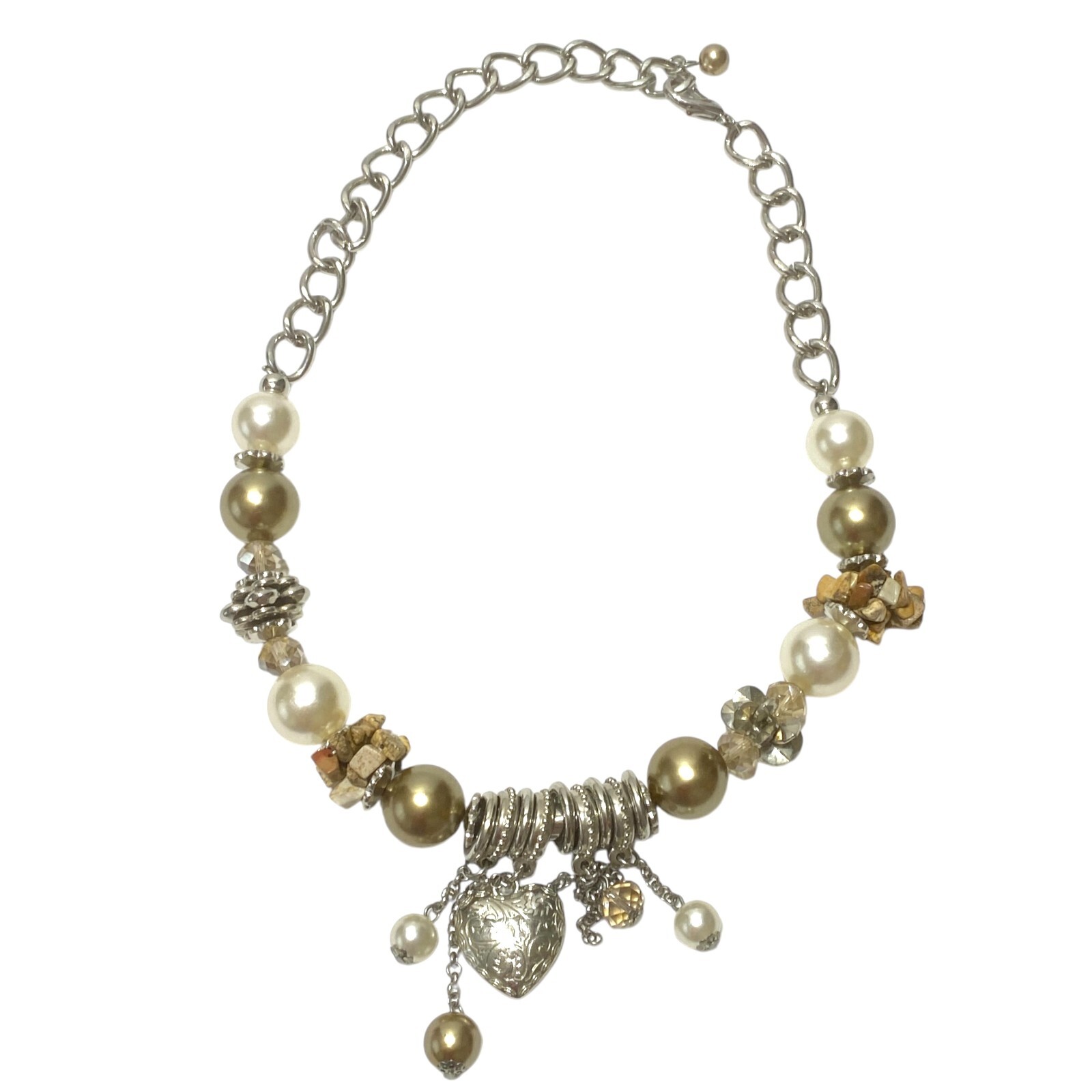 Chunky Charm Statement Necklace Puffy Heart Crystal Simulated Pearl Collar Chain