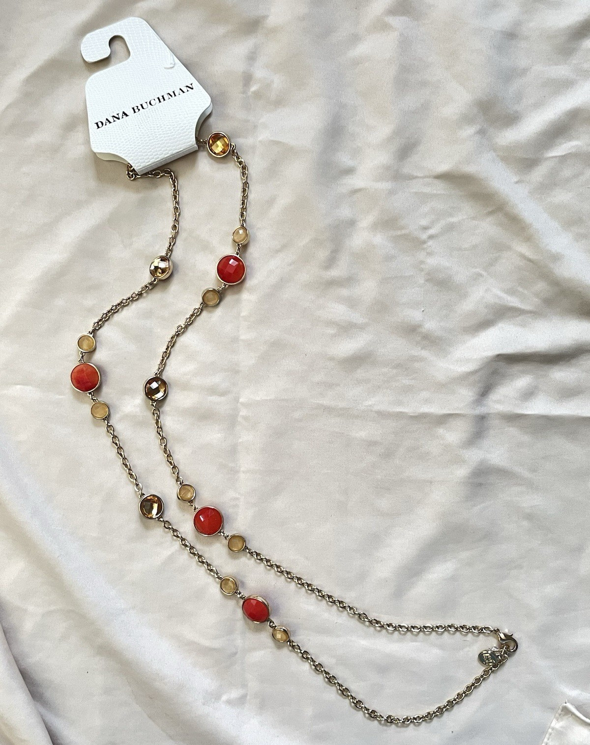 Dana Buchman Gold Tone Station Necklace Orange Tan Glass Bezels Long Chain