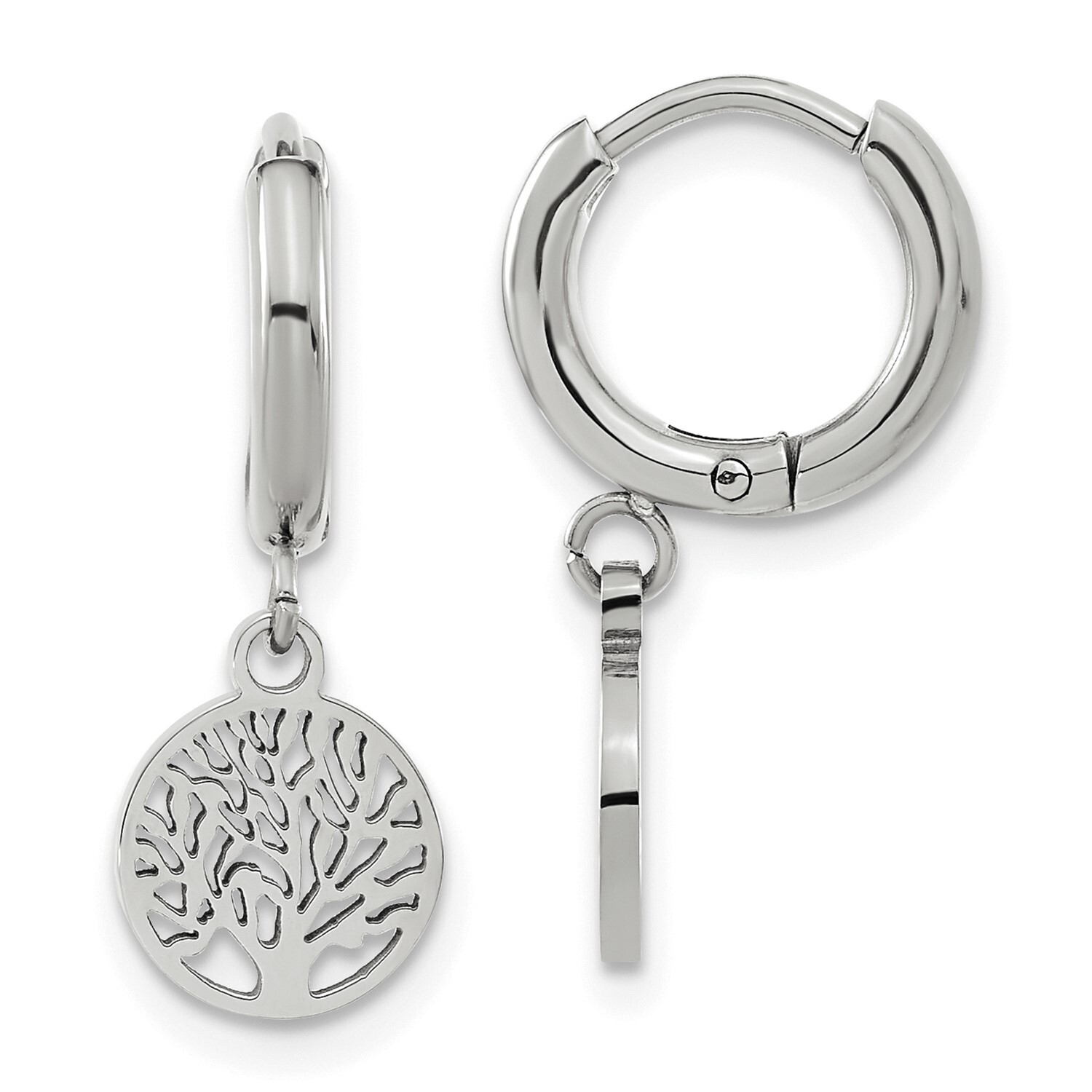 Stainless Steel High Polished Cut Out Tree of Life Dangler Hinged Hoop Earrings