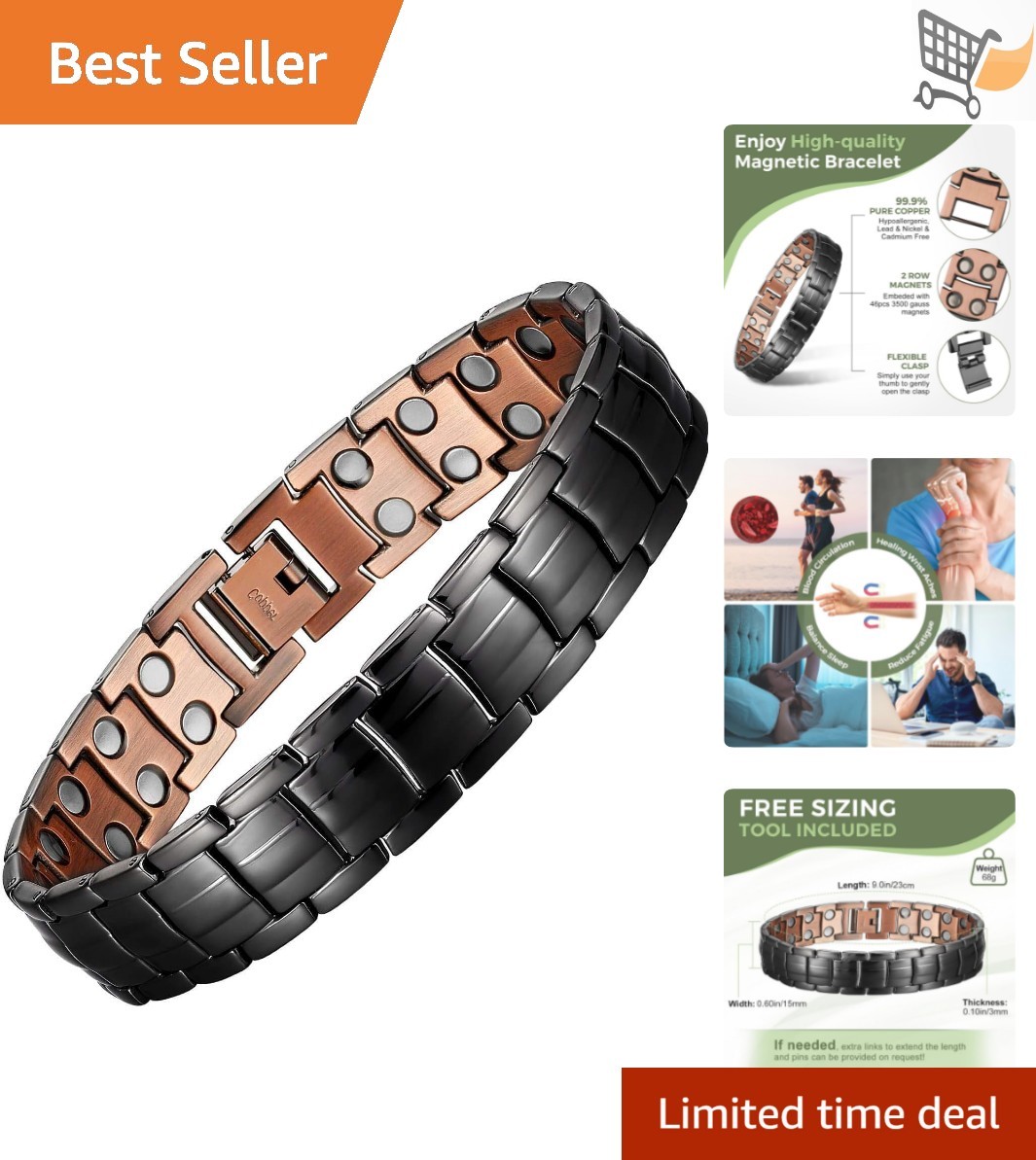 Mens Copper Magnetic Bracelet 99.9% Pure Copper Adjustable Jewelry for Men