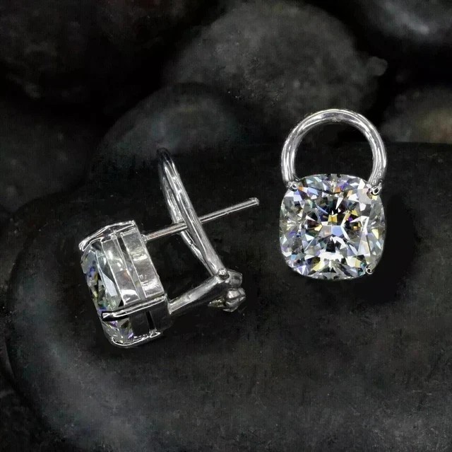 Cushion Cut Simulated Diamond Omega Back Stud Earrings In 14K White Gold Plated