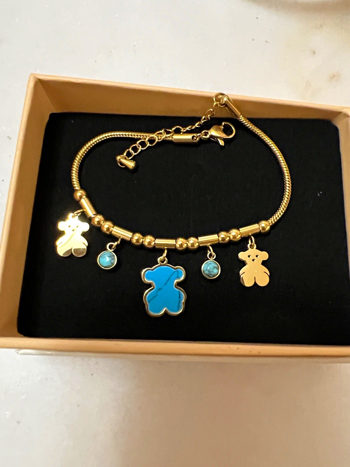 Gold Tone Stainless Steel Snake Chain Teddy Bear Charm Bracelet Blue Accents